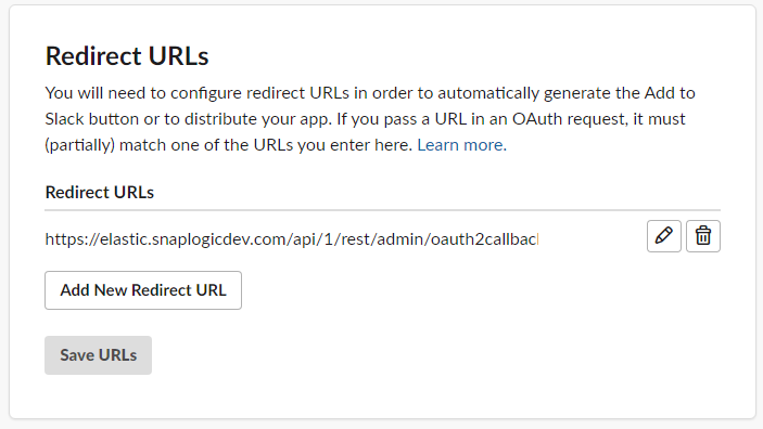 Slack Application Redirect URLs screenshot
